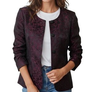 Maggy London Vintage Purple Black Floral Embroidered Shiny Blazer